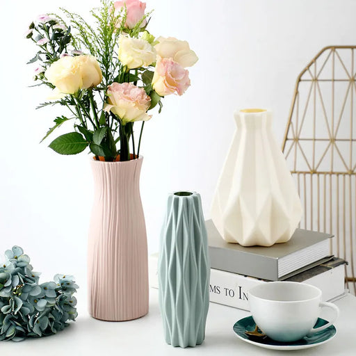 Plastic Vase Home for Decoration White Imitation Ceramic Flower Pot Plants Basket Nordic Wedding Decorative Dining Table Bedroom - Big House Home