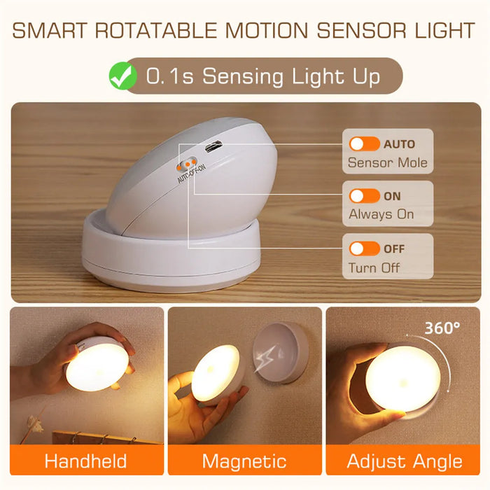 360 Rotated PIR Motion Sensor LED Night Light Wall Lamps Rechargeable Under Cabinet Light Wireless Closet Night Lamp - Big House Home