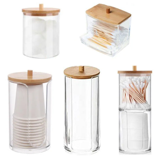 Acrylic Storage Box Bathroom Jar Makeup Organizer Cotton Round Pad Holder Cotton Swab Box Qtip Holder Dispenser with Bamboo Lid - Big House Home