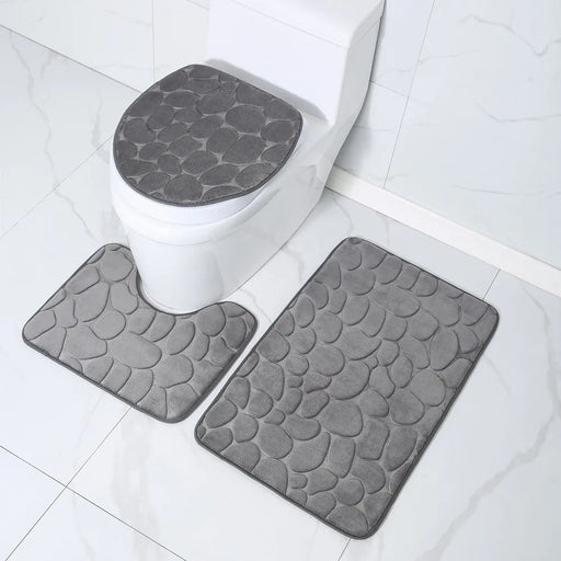 Toilet Seat Cover 3Pcs Set Bath Mat Shower Room Floor Rug Home Bathroom Anti-Slip Absorbent Doormat Pebbles Bathtub Decor Carpet - Big House Home