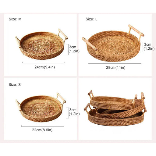 Rattan Tray Round Storage Basket Tray With Wooden Handle Bread Fruit Cake Food Plate Serving Tray for Home kitchen - Big House Home