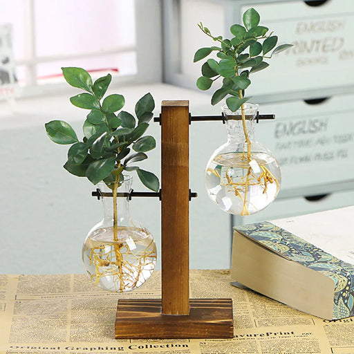 Creative Glass Desktop Planter Bulb Vase Wooden Stand Hydroponic Plant Container Home Tabletop Decor Vases - Big House Home