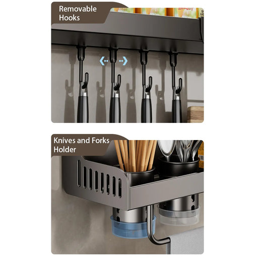 Kitchen Shelf Wall-Mounted Multi-Functional Kitchenware Storage Kitchen Knife Holder, Seasoning Hanging Rack With Hook, Black - Big House Home