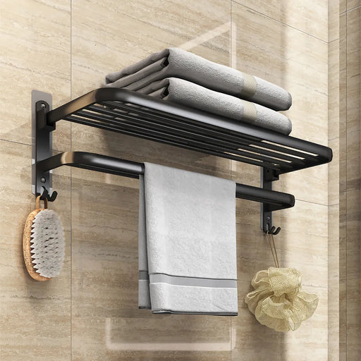 Matte Black No Drilling Towel Rack Movable Holder With Hook Wall Mount Shelf Aluminum Shower Hanger Rail Bathroom Accessories - Big House Home