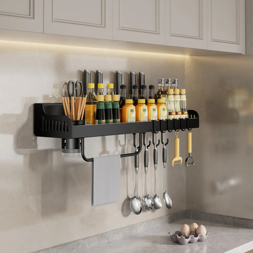 Kitchen Shelf Wall-Mounted Multi-Functional Kitchenware Storage Kitchen Knife Holder, Seasoning Hanging Rack With Hook, Black - Big House Home