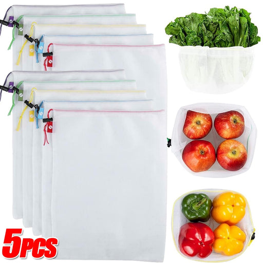 5pcs Reusable Storage Bags Washable Fruit Vegetable Mesh Bags Kitchen Food Organizer Home Toys Grocery Storage Packaging Pouch - Big House Home
